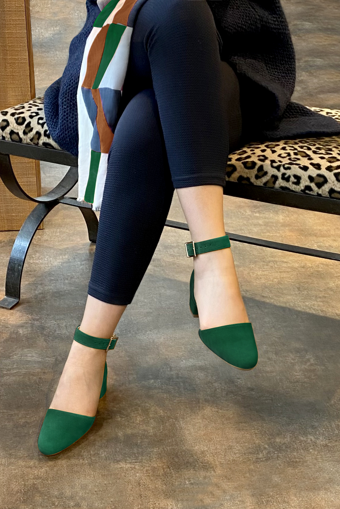 Emerald green women's open side shoes, with a strap around the ankle. Round toe. Low block heels. Worn view - Florence KOOIJMAN